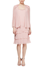 Chiffon Tiered Jacket Dress with Beaded Shoulder Detail