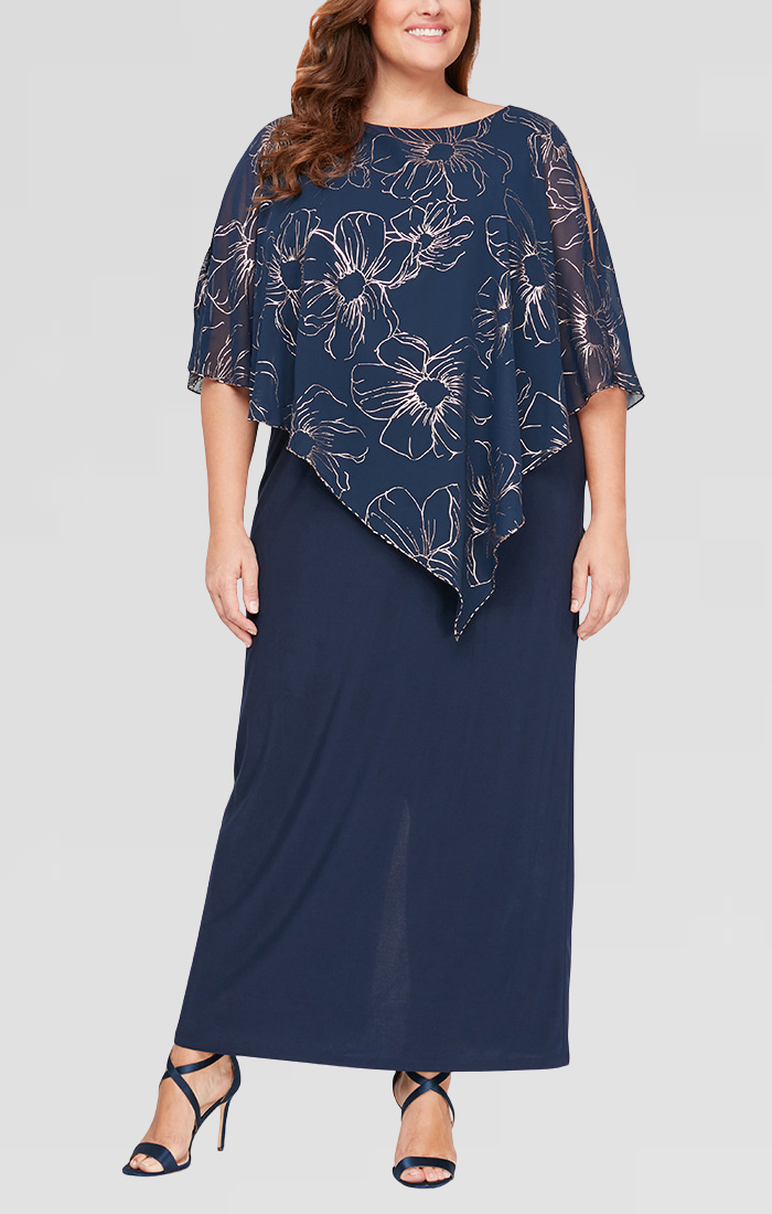Sl Fashions Plus Size Floral-Print Overlay Dress - Navy/Rose Gold