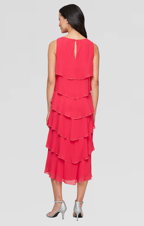 Petite Tea Length Sleeveless Tiered Chiffon Dress with Bugle Bead Detail