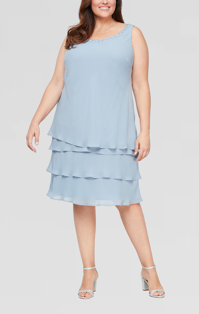 Plus Chiffon Tiered Jacket Dress with Beaded Shoulder Detail