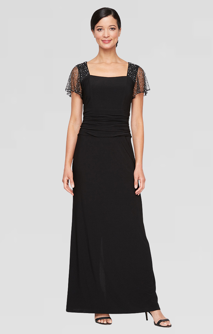 Sl Fashions Petite Beaded Flutter-Sleeve Ruched Gown - Black