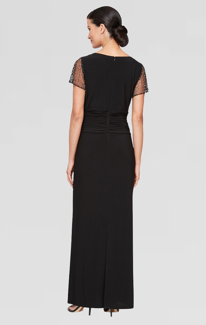 Petite Long Matte Jersey Dress with Short Beaded Illusion Sleeves, Squ S.L. Fashions Petite Long Matte Jersey Dress with Short Beaded Illusion Sleeves, Squ S.L. Fashions