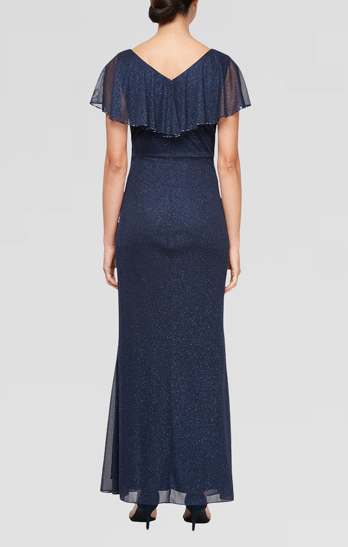 Petite - Long Capelet Dress with Cascade Detail Skirt and Bugle Bead D S.L. Fashions Petite - Long Capelet Dress with Cascade Detail Skirt and Bugle Bead D S.L. Fashions