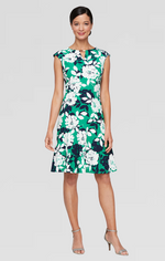 Short Printed Scuba Crepe Dress with Cutout Neckline, Flounce Hem and Hardware Detail