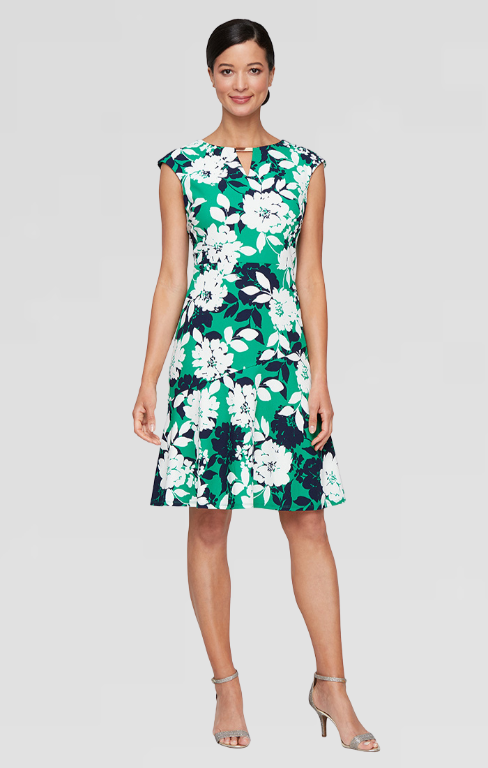 Short Printed Scuba Crepe Dress with Cutout Neckline, Flounce Hem and Hardware Detail