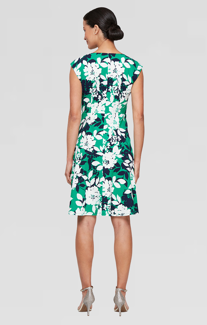 Short Printed Scuba Crepe Dress with Cutout Neckline, Flounce Hem and Hardware Detail