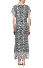 Petite Metallic Crochet Blouson Dress with Fringe Trim