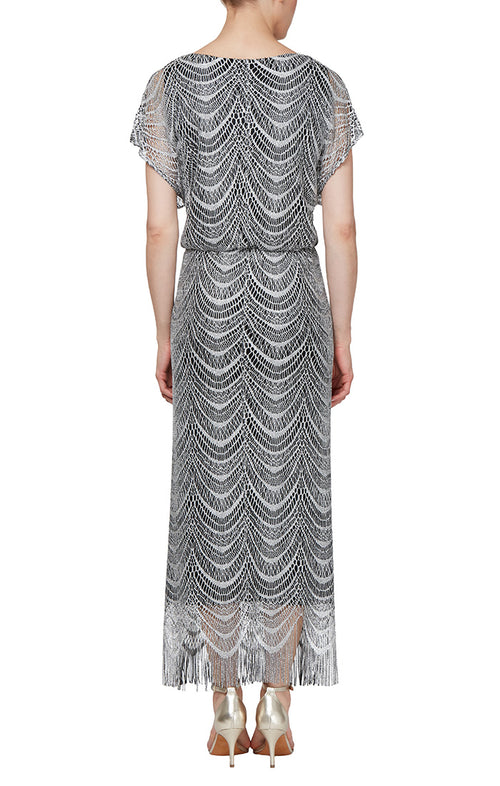 Petite Metallic Crochet Blouson Dress with Fringe Trim
