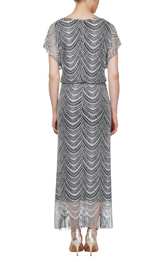 Metallic Crochet Blouson Dress with Fringe Trim
