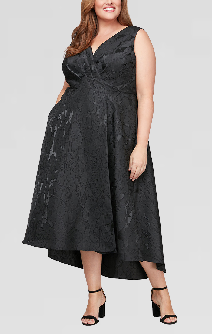 Plus Tea-Length Sleeveless Jacquard Surplice Neckline High/Low Dress
