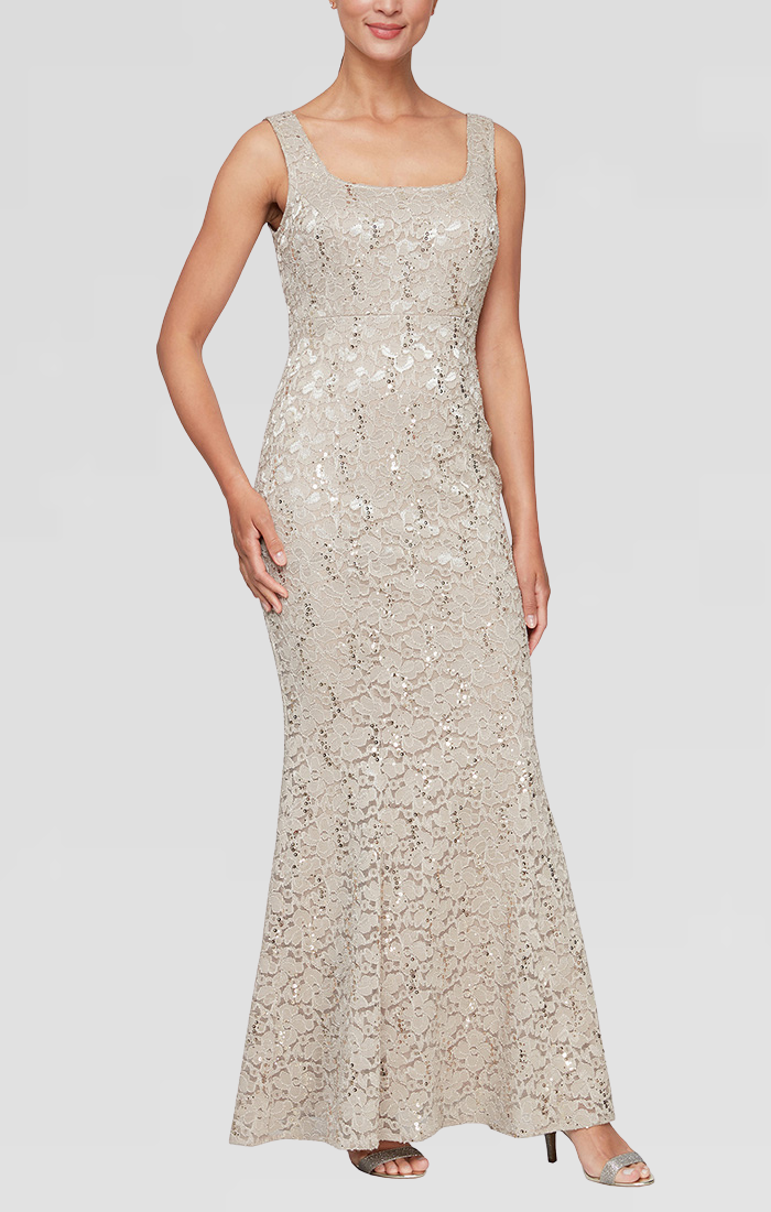 Plus - Long Fit and Flare Sequin Lace Dress with Scoop Neckline and Sc S.L. Fashions Plus - Long Fit and Flare Sequin Lace Dress with Scoop Neckline and Sc S.L. Fashions