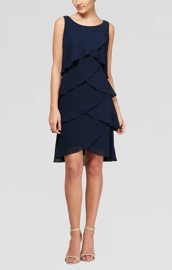 Petite Tulip Tiered Chiffon Cocktail Dress with Barrel Pins