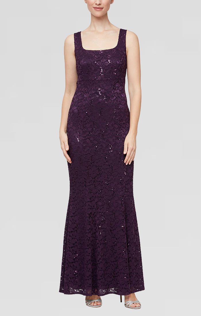 Petite - Fit and Flare Sequin Lace Dress with Scoop Neckline and Scall S.L. Fashions Petite - Fit and Flare Sequin Lace Dress with Scoop Neckline and Scall S.L. Fashions