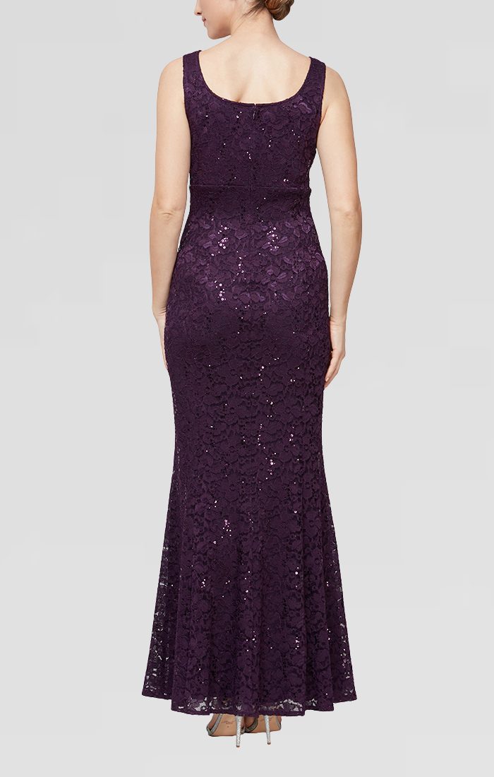 Petite - Fit and Flare Sequin Lace Dress with Scoop Neckline and Scallop Detail Open Jacket Petite - Fit and Flare Sequin Lace Dress with Scoop Neckline and Scallop Detail Open Jacket