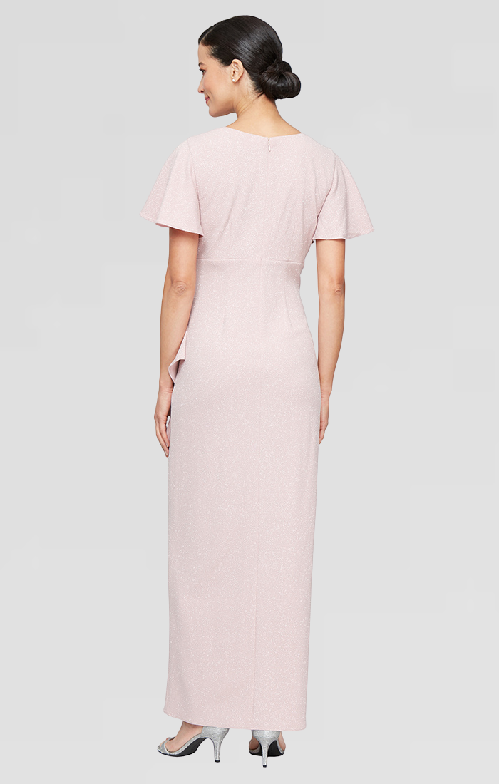 Empire Waist Metallic Knit Dress with Surplice Neckline, Flutter Sleeves, Embellishment Detail at Hip and Cascade Skirt Empire Waist Metallic Knit Dress with Surplice Neckline, Flutter Sleeves, Embellishment Detail at Hip and Cascade Skirt
