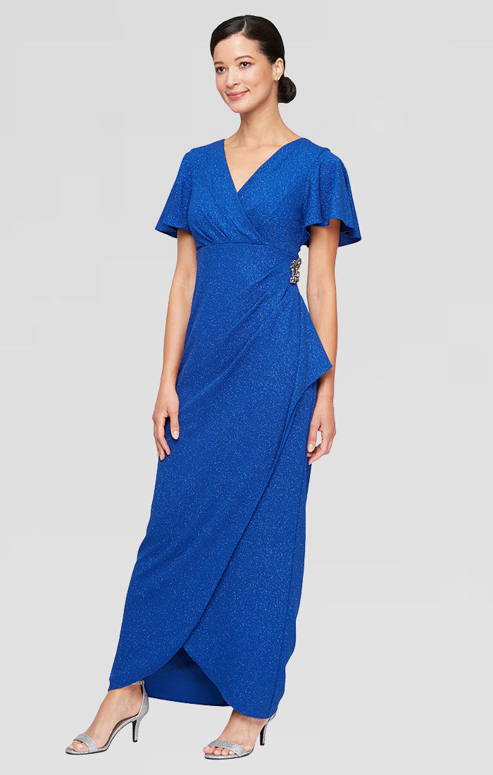 Empire Waist Metallic Knit Dress with Surplice Neckline, Flutter Sleeves, Embellishment Detail at Hip and Cascade Skirt Empire Waist Metallic Knit Dress with Surplice Neckline, Flutter Sleeves, Embellishment Detail at Hip and Cascade Skirt