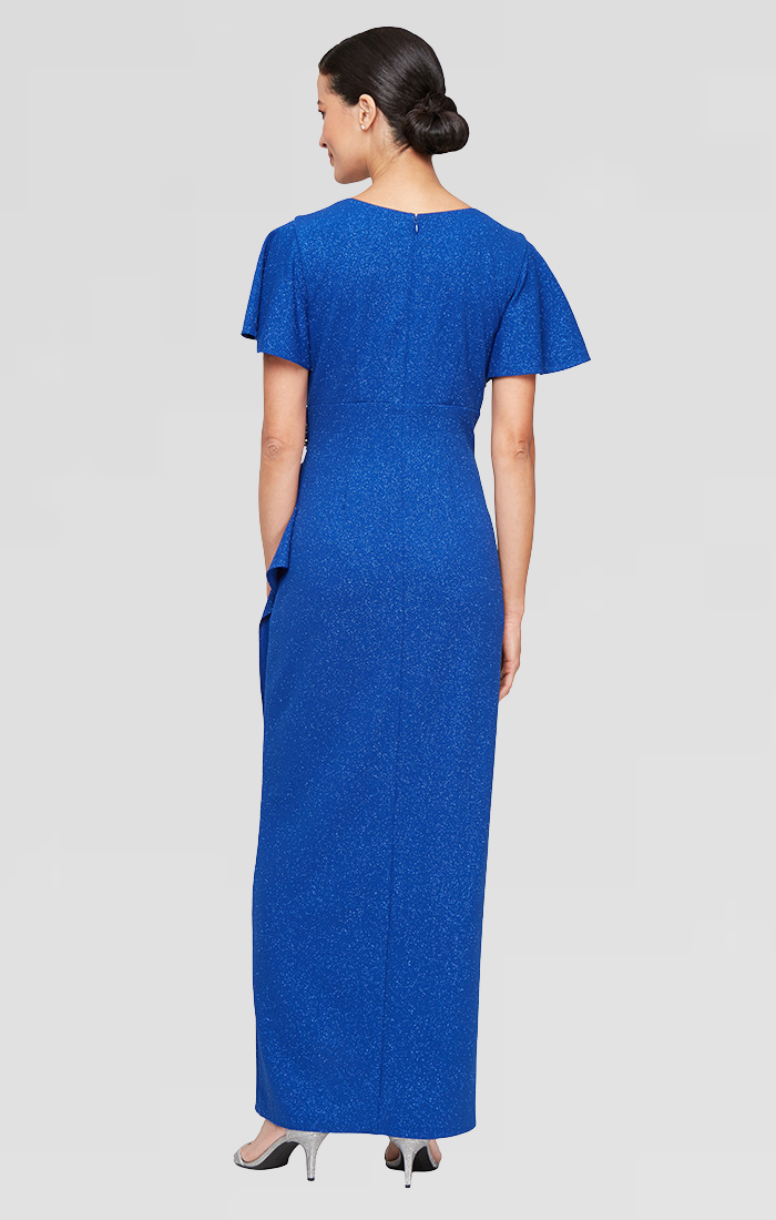 Empire Waist Metallic Knit Dress with Surplice Neckline, Flutter Sleeves, Embellishment Detail at Hip and Cascade Skirt Empire Waist Metallic Knit Dress with Surplice Neckline, Flutter Sleeves, Embellishment Detail at Hip and Cascade Skirt