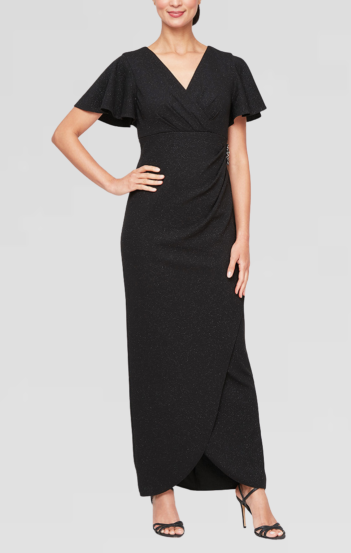 Sl Fashions Women's Flutter-Sleeve Tulip-Hem Ballgown Dress - Black
