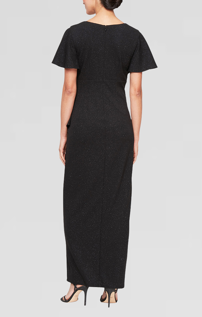 Empire Waist Metallic Knit Dress with Surplice Neckline, Flutter Sleeves, Embellishment Detail at Hip and Cascade Skirt Empire Waist Metallic Knit Dress with Surplice Neckline, Flutter Sleeves, Embellishment Detail at Hip and Cascade Skirt