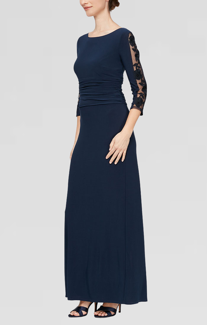 Sl Fashions Petite Embroidered Ruched Gown - Navy
