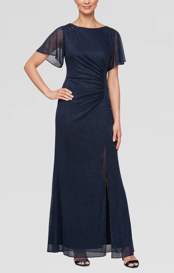 Plus Long Fit and Flare Dress With Illusion Flutter Sleeves, Embellish S.L. Fashions Plus Long Fit and Flare Dress With Illusion Flutter Sleeves, Embellish S.L. Fashions