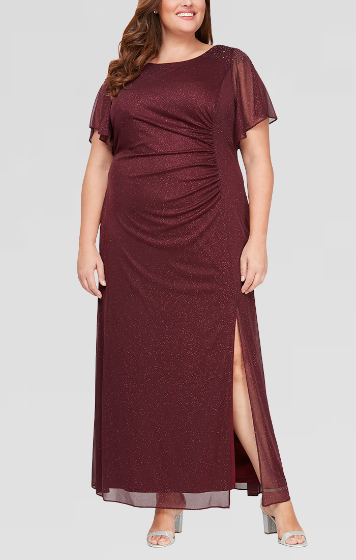Plus Long Fit and Flare Dress With Illusion Flutter Sleeves, Embellishment Detail at Shoulders and Front Slit Plus Long Fit and Flare Dress With Illusion Flutter Sleeves, Embellishment Detail at Shoulders and Front Slit