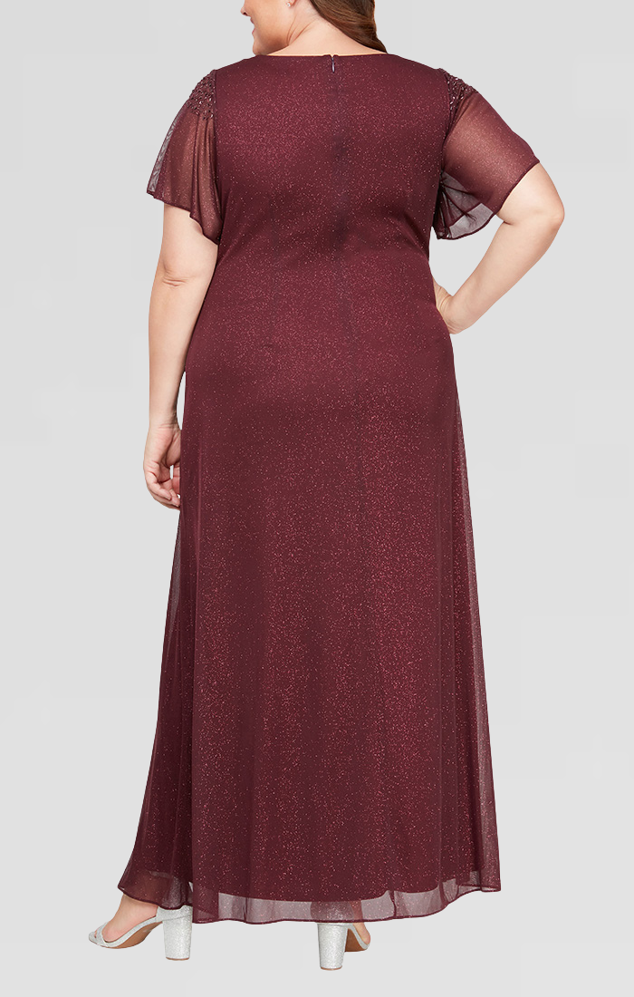 Plus Long Fit and Flare Dress With Illusion Flutter Sleeves, Embellish S.L. Fashions Plus Long Fit and Flare Dress With Illusion Flutter Sleeves, Embellish S.L. Fashions