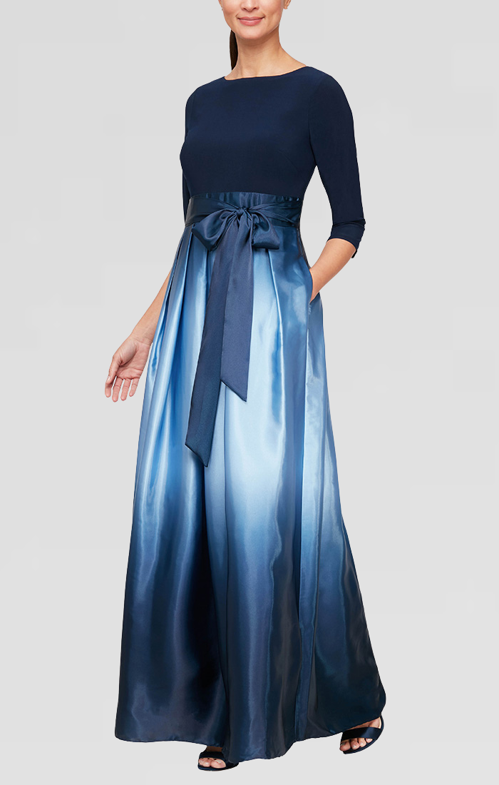 Petite 3/4 Sleeve Matte Jersey & Ombre Satin Ballgown S.L. Fashions Petite 3/4 Sleeve Matte Jersey & Ombre Satin Ballgown S.L. Fashions