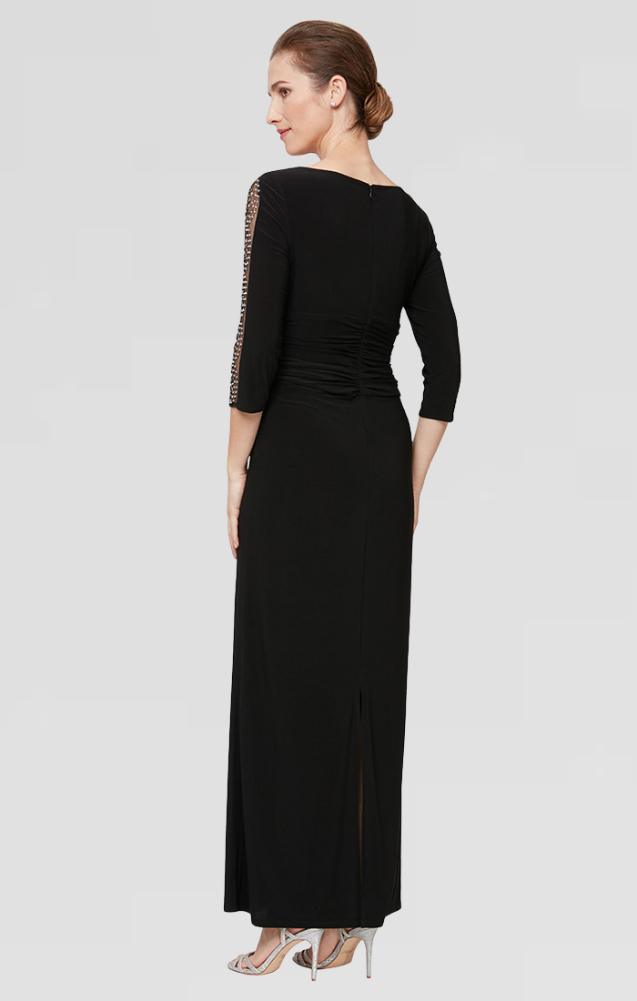 Matte Jersey Long Dress with Embellished 3/4 Sleeve Detail Matte Jersey Long Dress with Embellished 3/4 Sleeve Detail