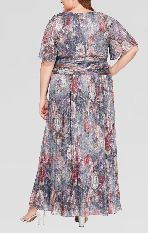 Plus - Long A-Line Printed Dress With Surplice Neckline, Flutter Sleeves and Ruched Waist Detail