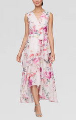 Floral Chiffon High-Low Dress with Tiered Skirt and Tie Belt
