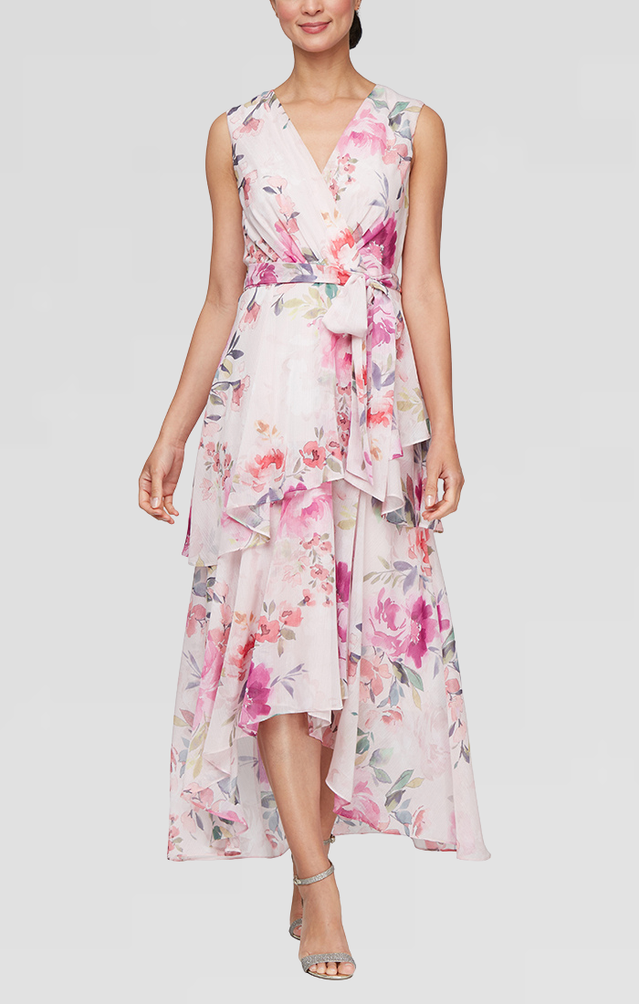 Floral Chiffon High-Low Dress with Tiered Skirt and Tie Belt