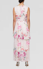 Floral Chiffon High-Low Dress with Tiered Skirt and Tie Belt