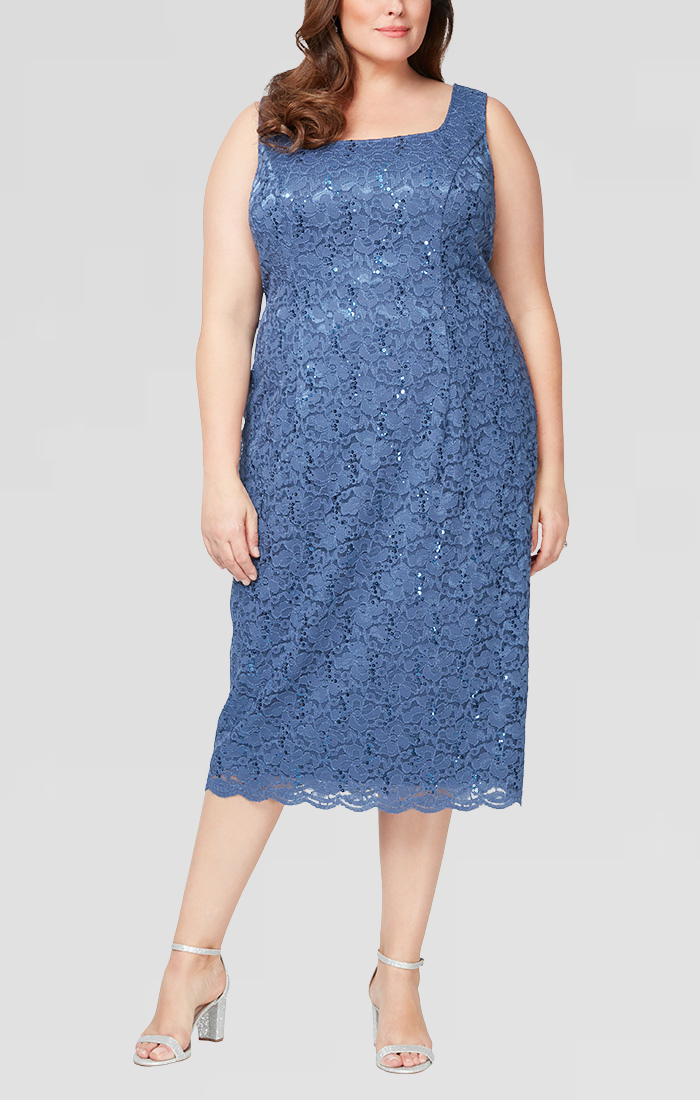 Plus Tea-Length Lace Jacket Dress with Sequin Detail S.L. Fashions Plus Tea-Length Lace Jacket Dress with Sequin Detail S.L. Fashions