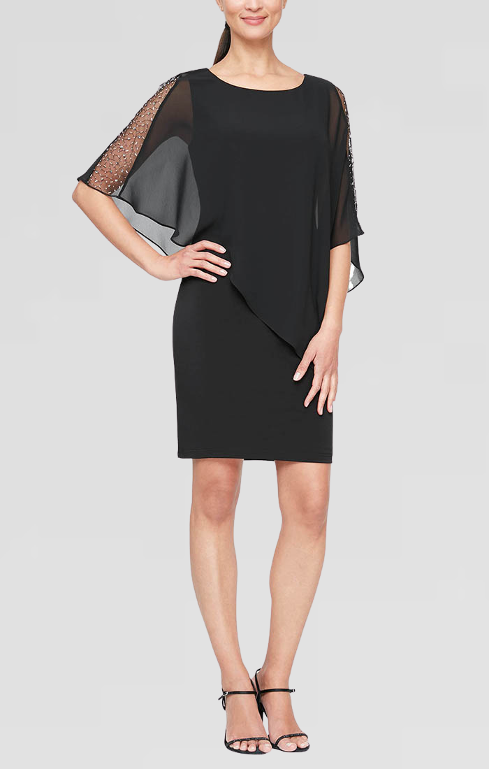 Jersey Sheath Dress with Asymmetric Chiffon Capelet with Embellished Illusion Panel