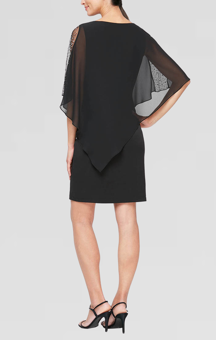 Jersey Sheath Dress with Asymmetric Chiffon Capelet with Embellished Illusion Panel Jersey Sheath Dress with Asymmetric Chiffon Capelet with Embellished Illusion Panel