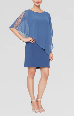 fitted lace wedding dress Jersey Sheath Dress with Asymmetric Chiffon Capelet with Embellished I – S.L.  Fashions