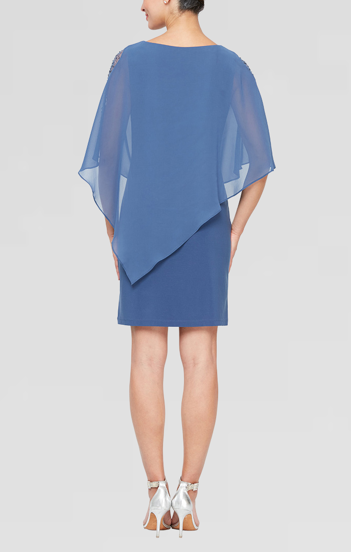 Jersey Sheath Dress with Asymmetric Chiffon Capelet with Embellished I S.L. Fashions Jersey Sheath Dress with Asymmetric Chiffon Capelet with Embellished I S.L. Fashions