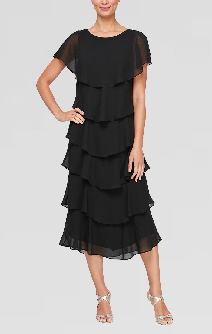 Georgette Chiffon Tea-Length Dress with Caplet Sleeves and Beaded Trim on Shoulders