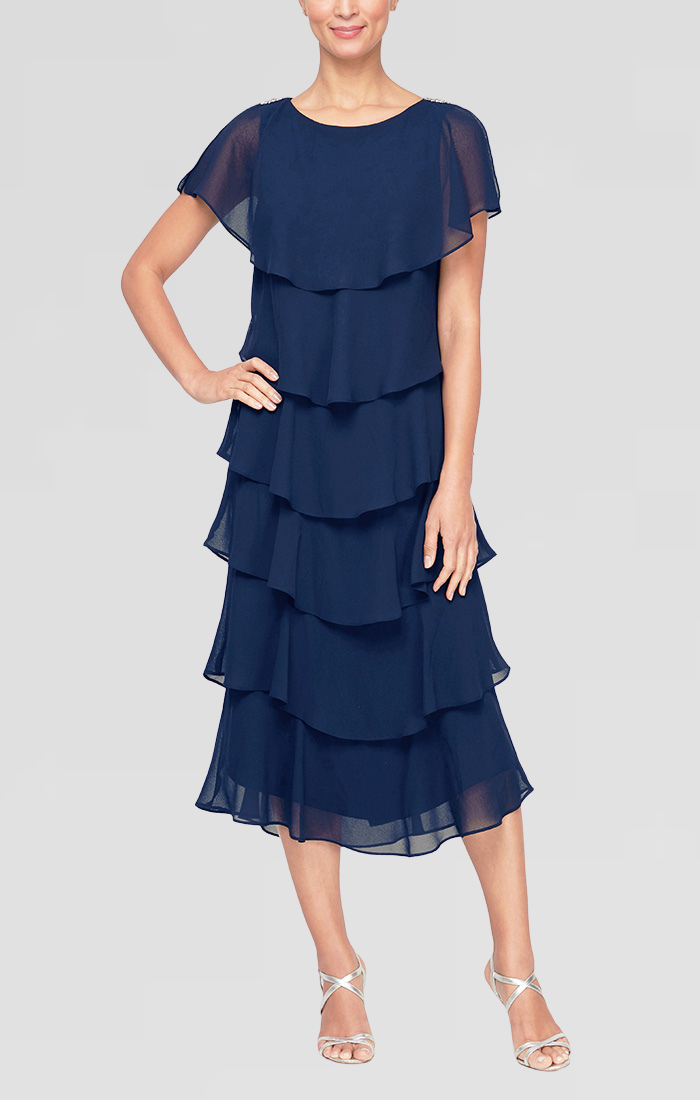 Georgette Chiffon Tea-Length Dress with Caplet Sleeves and Beaded Trim on Shoulders Georgette Chiffon Tea-Length Dress with Caplet Sleeves and Beaded Trim on Shoulders
