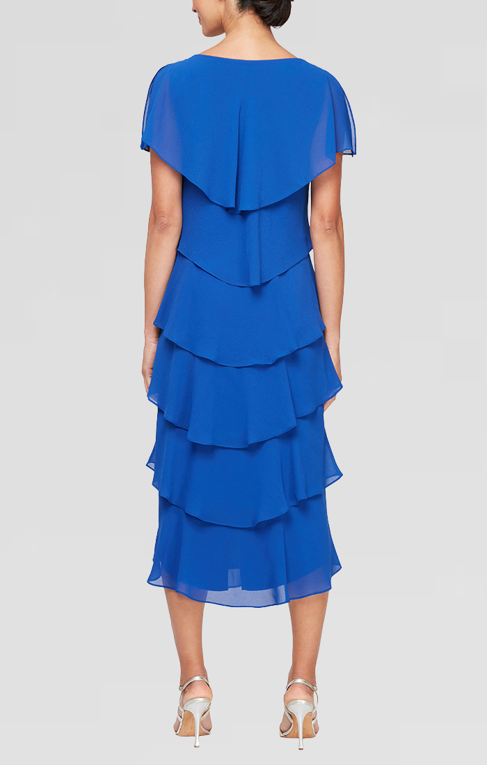 Georgette Chiffon Tea-Length Dress with Caplet Sleeves and Beaded Trim S.L. Fashions Georgette Chiffon Tea-Length Dress with Caplet Sleeves and Beaded Trim S.L. Fashions