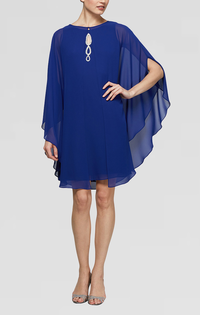 Chiffon Cocktail Dress with Beaded Neck and Removable Capelet