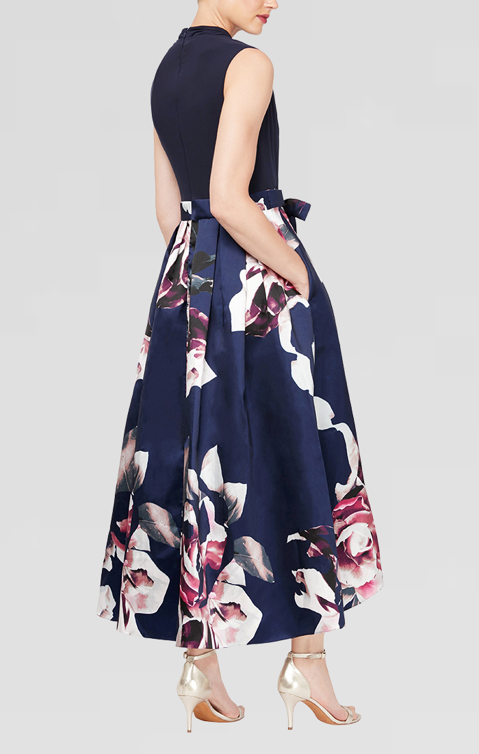 Party Dress with Floral Printed Mikado Silk Skirt & Jersey Bodice