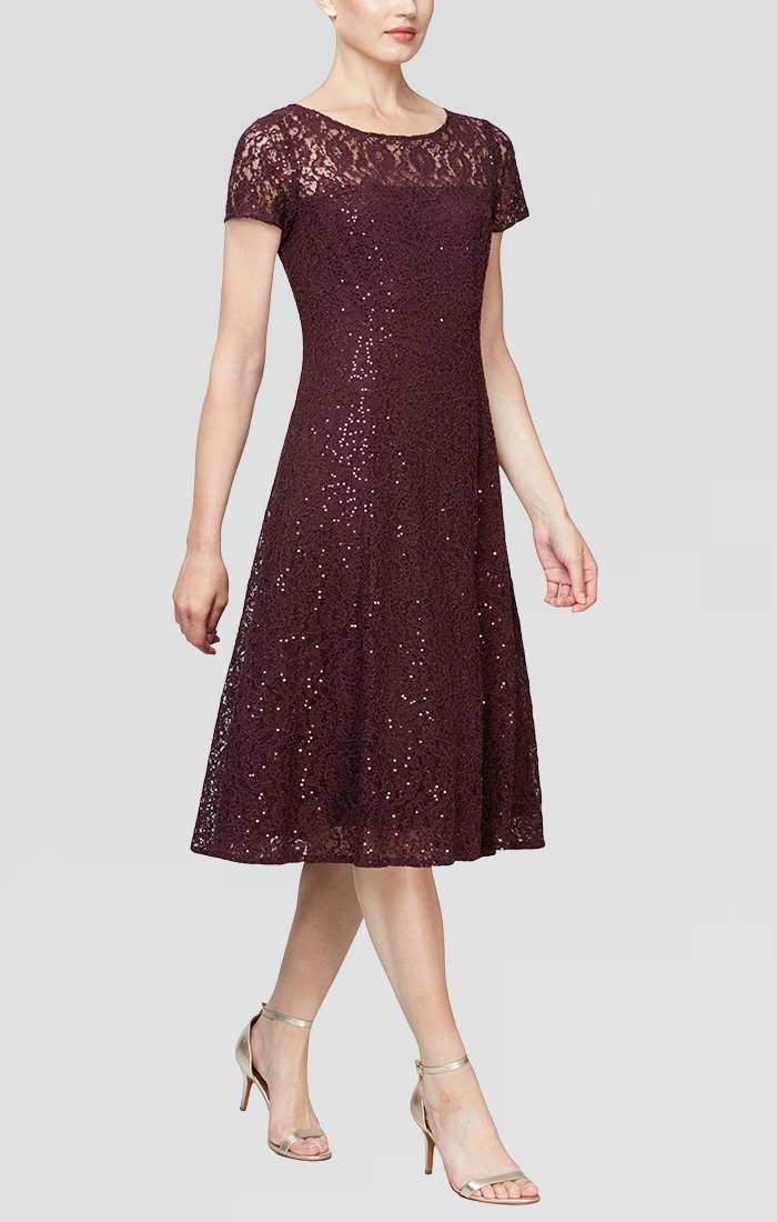 Cap Sleeve Tea Length Sequin Lace Dress Cap Sleeve Tea Length Sequin Lace Dress