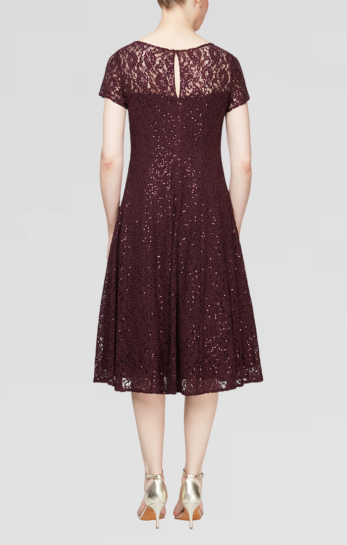 Petite Cap Sleeve Tea-Length Lace Party Dress S.L. Fashions Petite Cap Sleeve Tea-Length Lace Party Dress S.L. Fashions