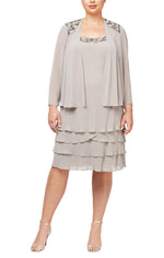 Plus 3/4 Sleeve Chiffon Jacket Dress with Tiered Skirt and Beaded Neckline Detail