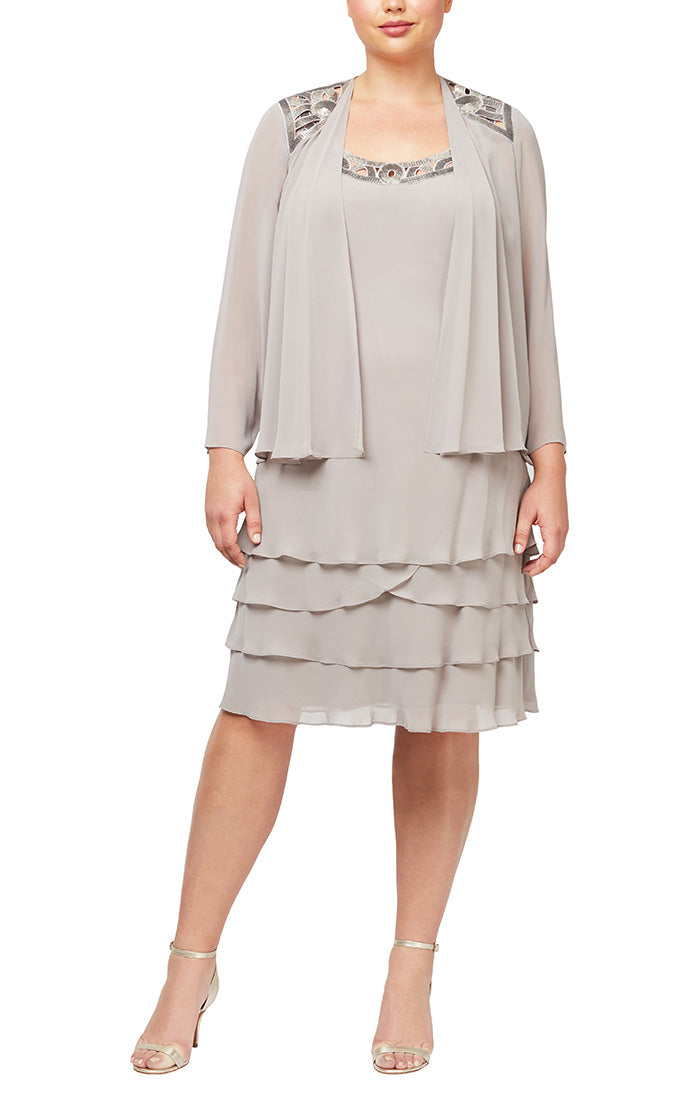 Plus 3/4 Sleeve Chiffon Jacket Dress with Tiered Skirt and Beaded Neckline Detail