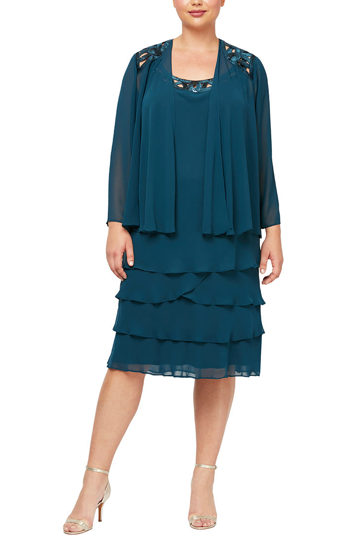 Plus 3/4 Sleeve Chiffon Jacket Dress with Tiered Skirt and Beaded Neckline Detail