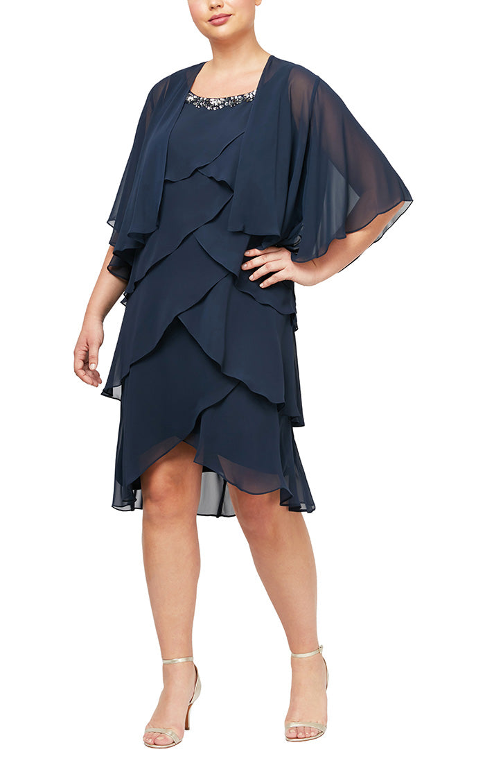 Plus Chiffon Tiered Jacket Dress with Beaded Neckline