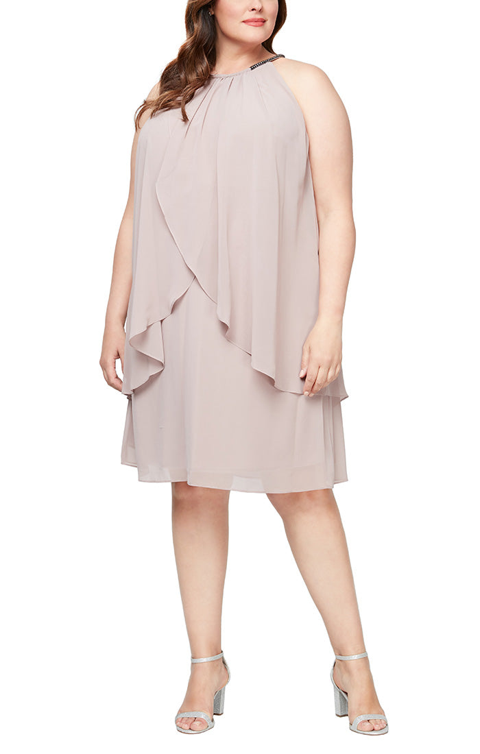 Plus Split Front Chiffon Dress with Bead Cord Necklace